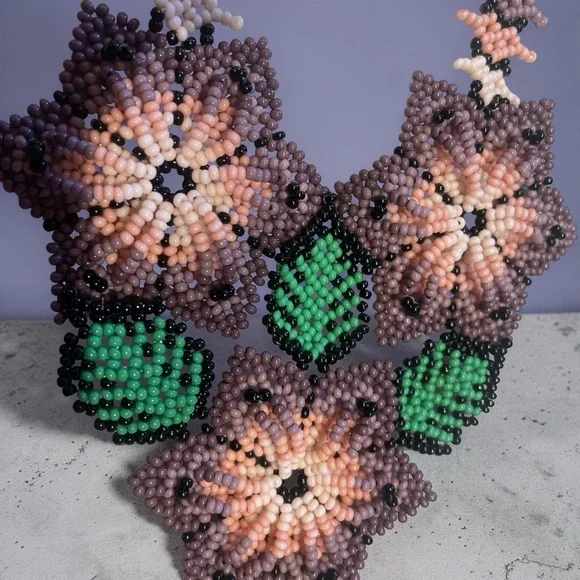 Handmade Beaded Floral Statement Necklace Mauve Pink Green Artisan Jewelry - Picture 2 of 7